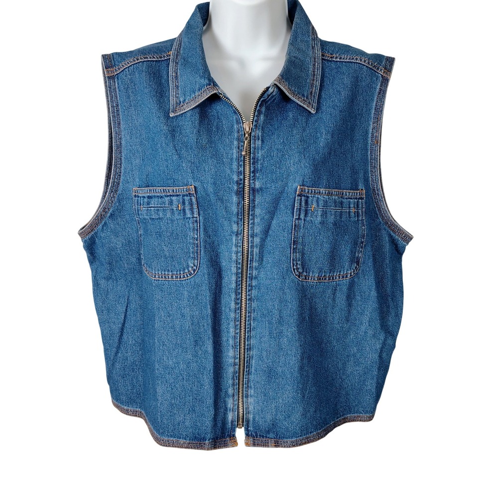 Clementine Vintage Blue Denim Zip Up Vest XL Medium Wash Cotton Sleeveless